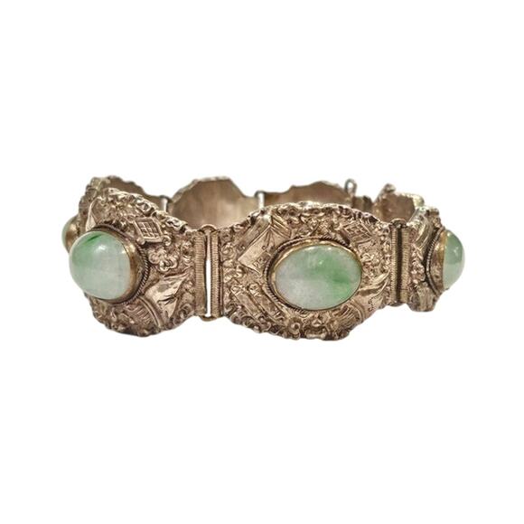 Vintage Chinese Export Silver Jadeite Bracelet Filigree Scrollwork Art Deco - Picture 3 of 8